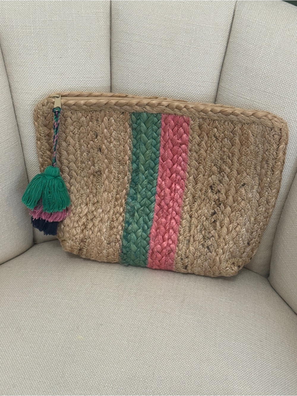 Shiraleah jute zip pouch with triple layer tassels